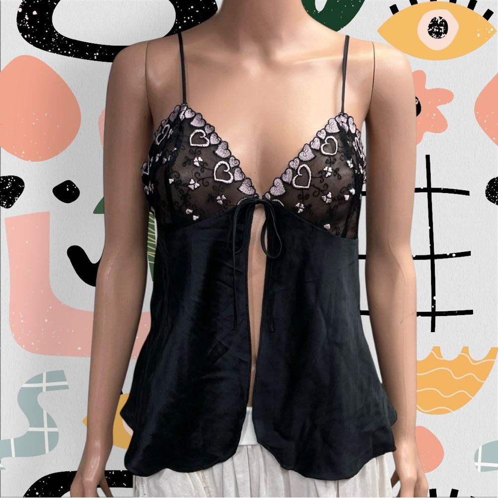 Magic Silk | Y2K 100% Silk Sheer Heart Embroidered Tie Front Lingerie Top